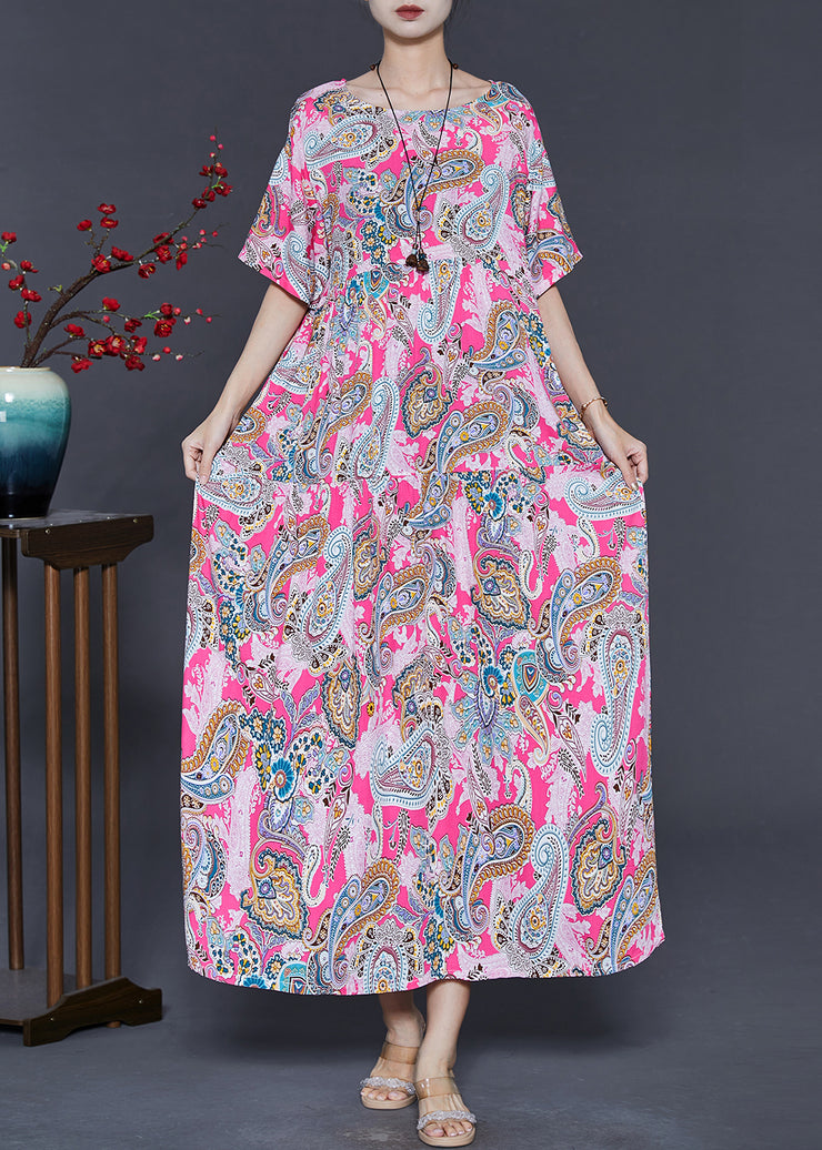 Women Pink Oversized Print Cotton Ankle Dress Summer