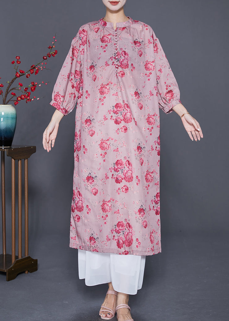 Women Pink Oversized Print Linen Maxi Dresses Bracelet Sleeve