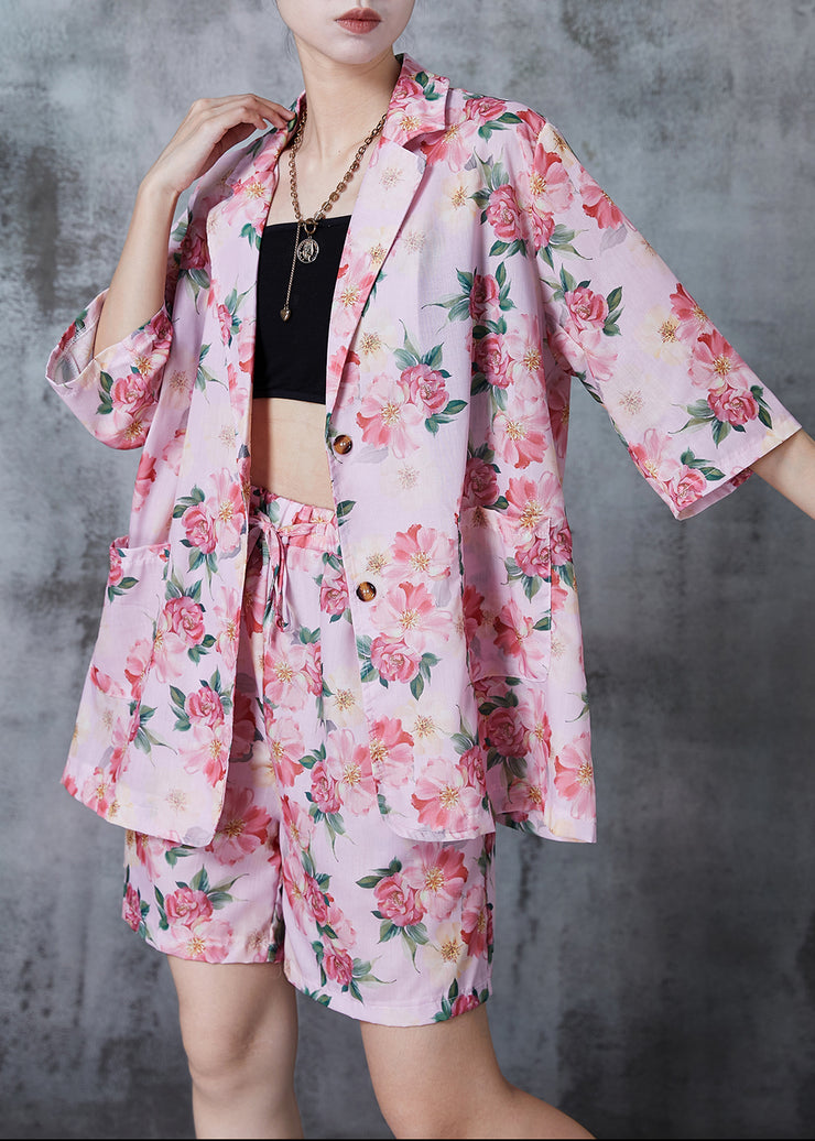 Women Pink Oversized Print Linen Two Pieces Set Summer