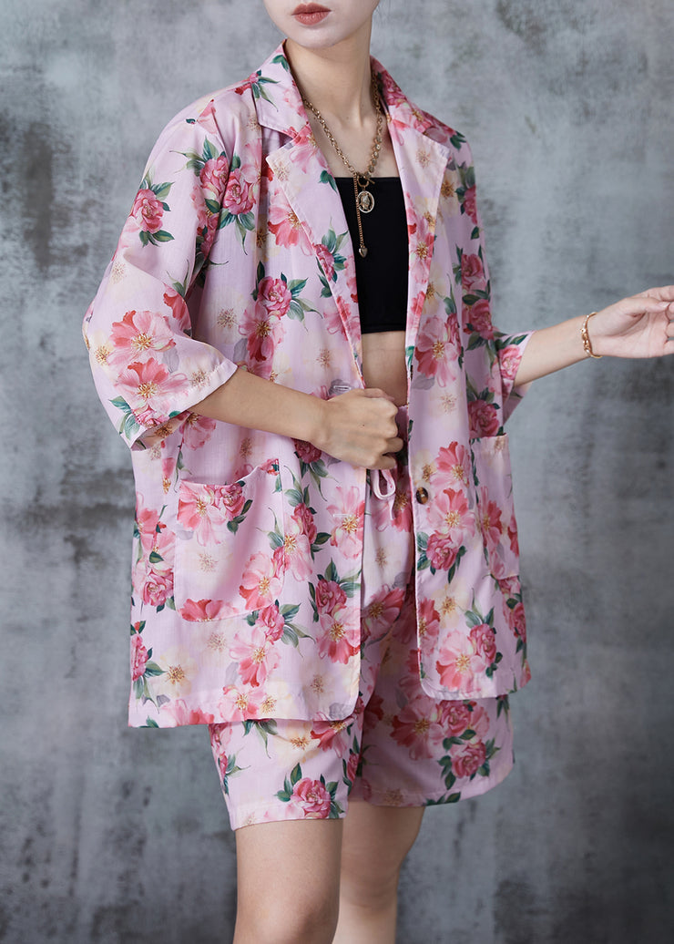 Women Pink Oversized Print Linen Two Pieces Set Summer