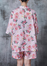 Women Pink Oversized Print Linen Two Pieces Set Summer