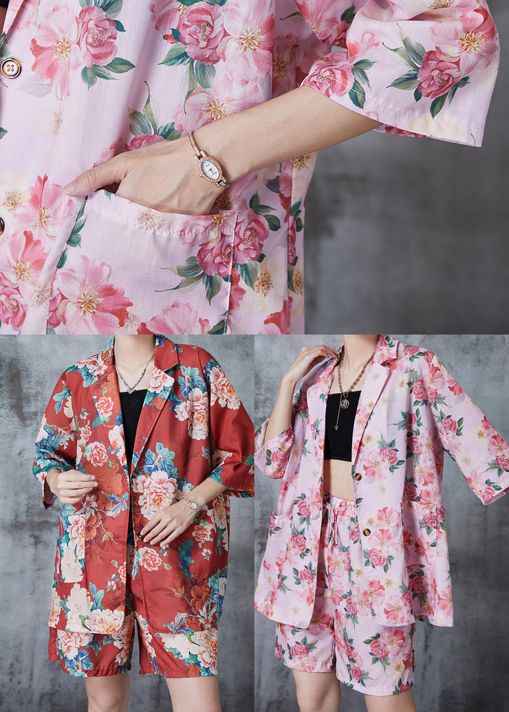 Women Pink Oversized Print Linen Two Pieces Set Summer