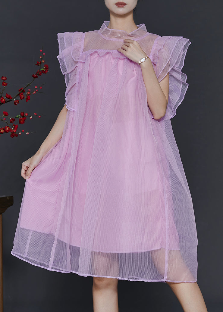 Women Pink Oversized Tulle Vacation Dress Butterfly Sleeve