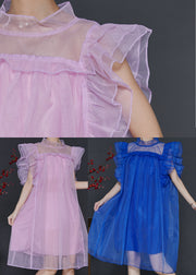 Women Pink Oversized Tulle Vacation Dress Butterfly Sleeve