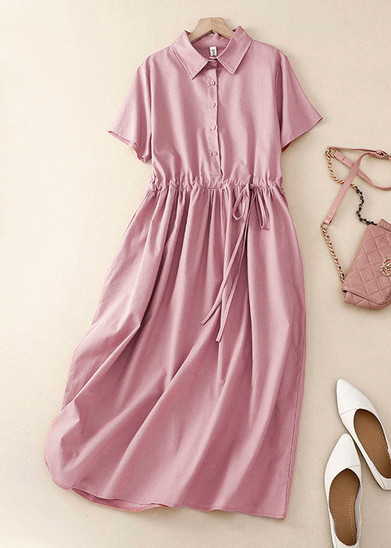 Women Pink Peter Pan Collar Drawstring Cotton Long Dress Summer