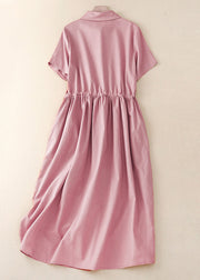 Women Pink Peter Pan Collar Drawstring Cotton Long Dress Summer