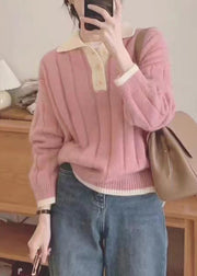 Women Pink Peter Pan Collar Patchwork Cozy Knit Sweaters Fall