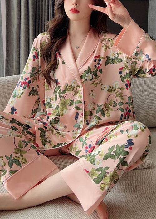 Women Pink Peter Pan Collar Print Ice Silk Pajamas Two Pieces Set Spring