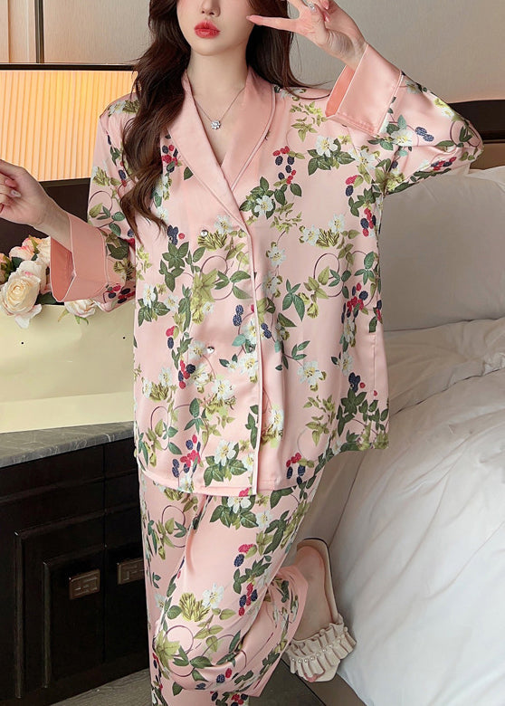 Women Pink Peter Pan Collar Print Ice Silk Pajamas Two Pieces Set Spring