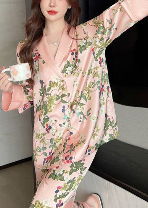 Women Pink Peter Pan Collar Print Ice Silk Pajamas Two Pieces Set Spring