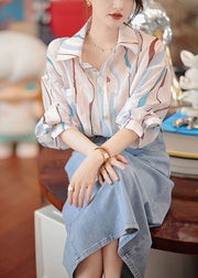 Women Pink Peter Pan Collar Striped Cotton Shirt And Denim Skirt Two Pieces Set Fall