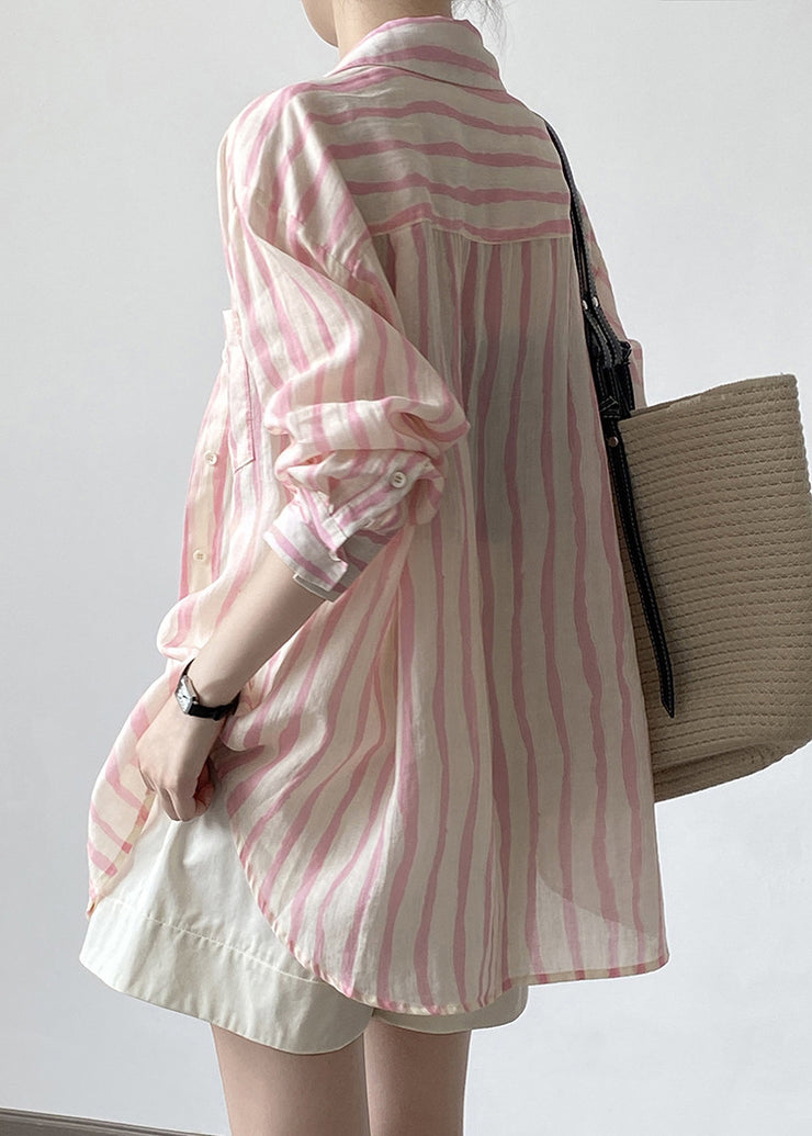 Women Pink Peter Pan Collar Striped Linen Shirt Tops Fall