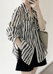 Women Pink Peter Pan Collar Striped Linen Shirt Tops Fall