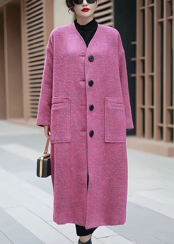 Women Pink Pockets Back Side Open Woolen Coats Winter