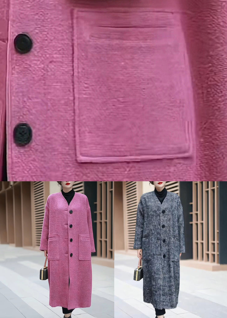 Women Pink Pockets Back Side Open Woolen Coats Winter