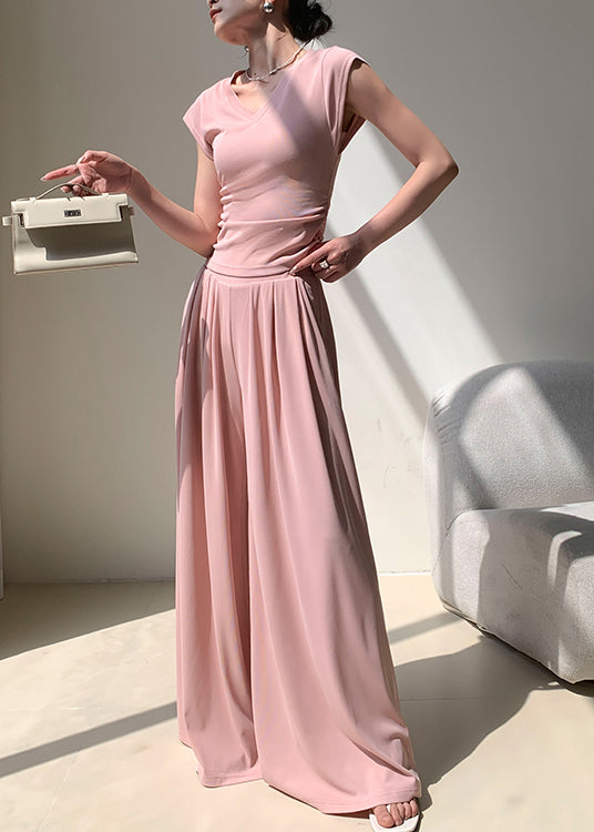 Women Pink Pockets Elastic Waist Cotton Wide Leg Pants Summer