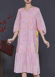 Women Pink Print Drawstring Cotton Maxi Dresses Bracelet Sleeve