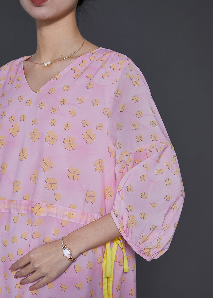 Women Pink Print Drawstring Cotton Maxi Dresses Bracelet Sleeve