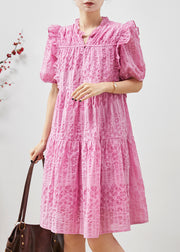 Women Pink Puff Sleeve Ruffled Wrinkled Day Dress Summer