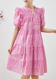 Women Pink Puff Sleeve Ruffled Wrinkled Day Dress Summer