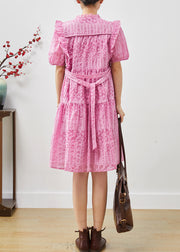 Women Pink Puff Sleeve Ruffled Wrinkled Day Dress Summer
