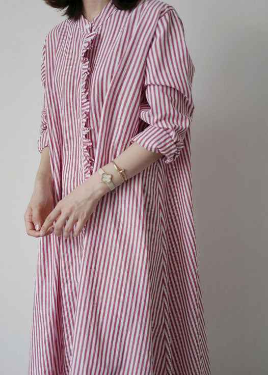 Women Pink Red Striped Ruffled Patchwork Cotton Shirt Dresses Spring