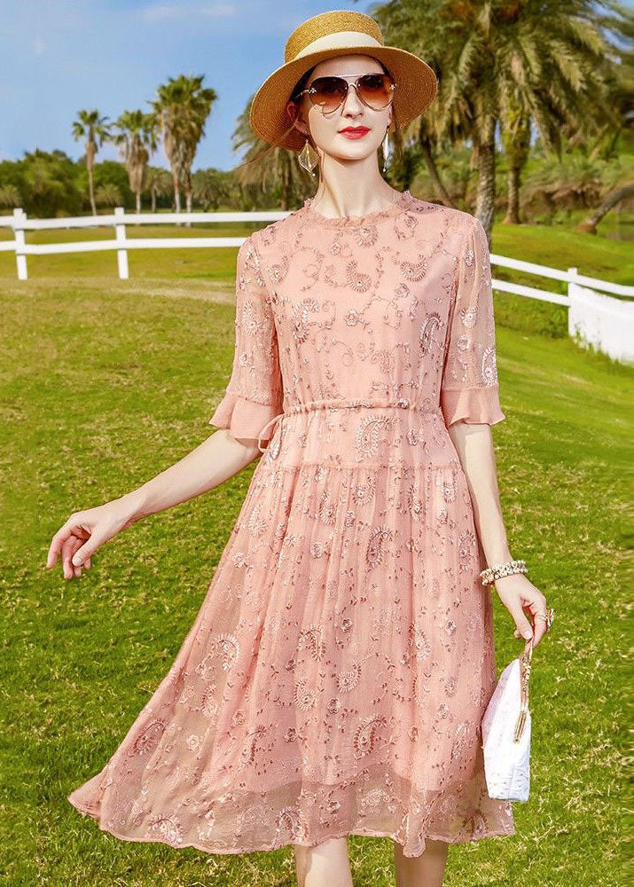 Women Pink Ruffled Embroideried Tie Waist Silk Cinch Dress Half Sleeve