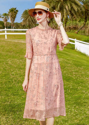 Women Pink Ruffled Embroideried Tie Waist Silk Cinch Dress Half Sleeve