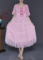 Women Pink Ruffled Floral Chiffon Dresses Summer