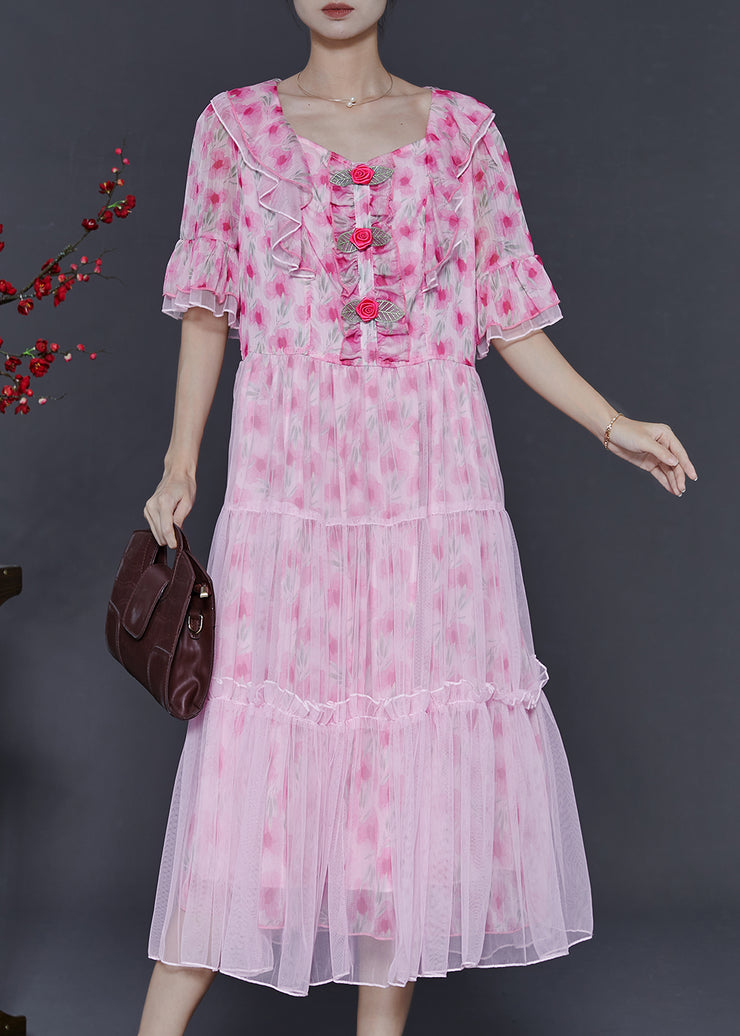 Women Pink Ruffled Floral Chiffon Dresses Summer