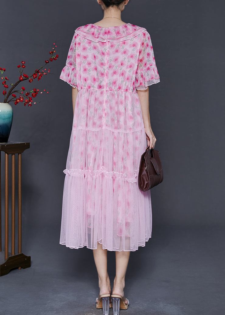 Women Pink Ruffled Floral Chiffon Dresses Summer