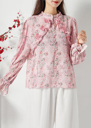 Women Pink Ruffled Patchwork Butterfly Chiffon Shirt Spring