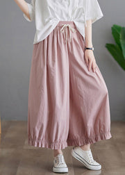 Women Pink Ruffled Pockets Elastic Waist Cotton Pants Skirt Fall