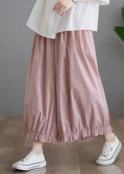 Women Pink Ruffled Pockets Elastic Waist Cotton Pants Skirt Fall