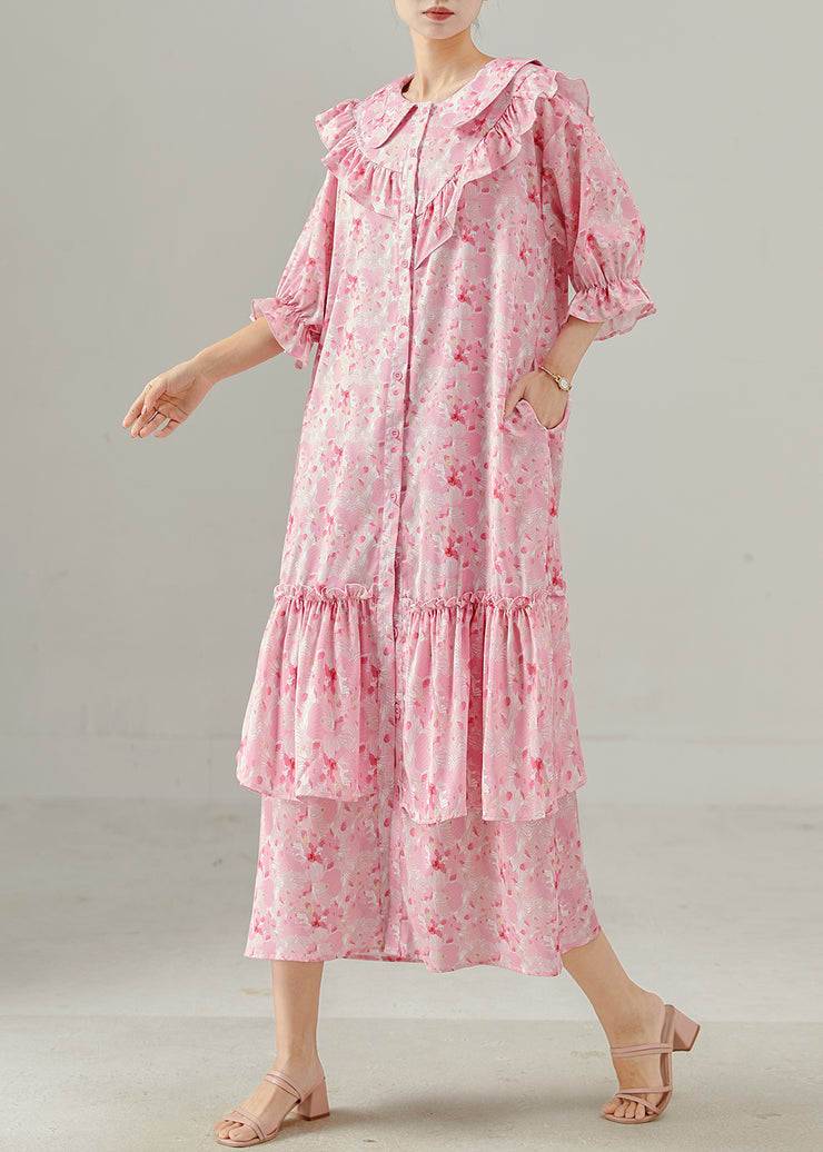 Women Pink Ruffled Print Chiffon Dress Spring