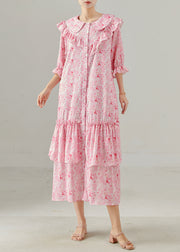 Women Pink Ruffled Print Chiffon Dress Spring