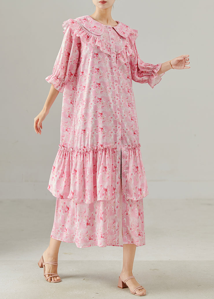 Women Pink Ruffled Print Chiffon Dress Spring