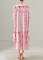 Women Pink Ruffled Print Chiffon Dress Spring