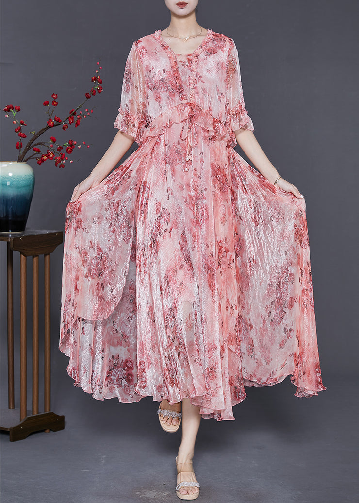 Women Pink Ruffled Print Silk Maxi Dresses Summer