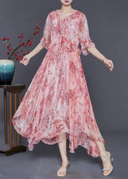 Women Pink Ruffled Print Silk Maxi Dresses Summer