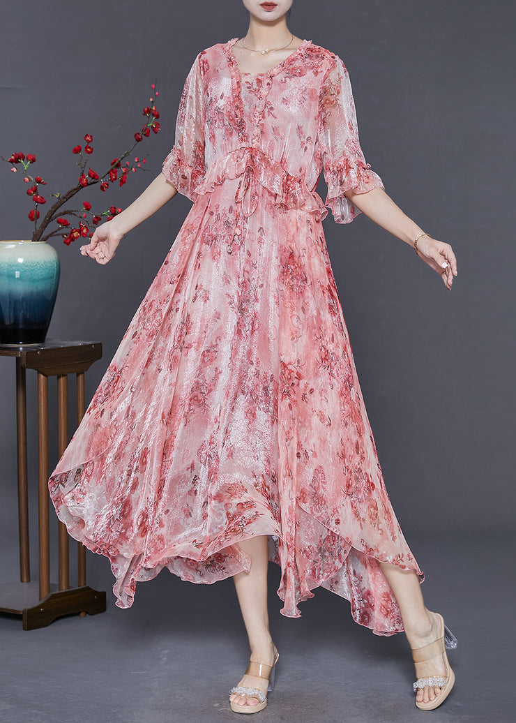 Women Pink Ruffled Print Silk Maxi Dresses Summer