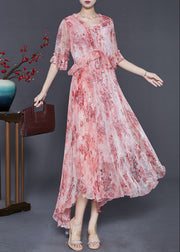 Women Pink Ruffled Print Silk Maxi Dresses Summer