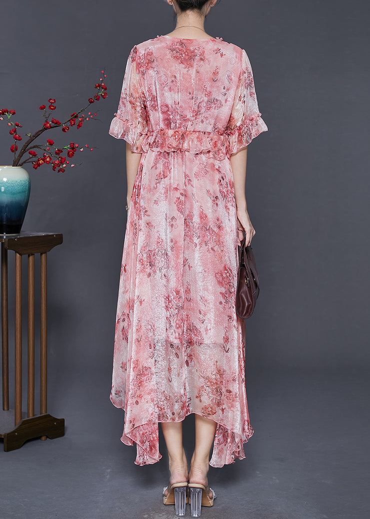 Women Pink Ruffled Print Silk Maxi Dresses Summer