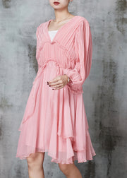 Women Pink Ruffled Wrinkled Chiffon Mid Dress Spring