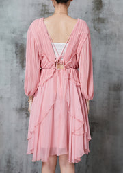 Women Pink Ruffled Wrinkled Chiffon Mid Dress Spring