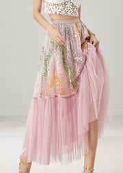 Women Pink Sequins Patchwork Tulle Skirts Spring