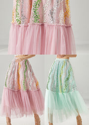 Women Pink Sequins Patchwork Tulle Skirts Spring