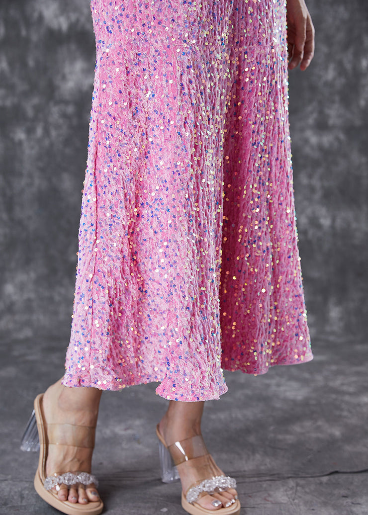 Women Pink Sequins Wrinkled Silk Velour Dress Vestidos Spring