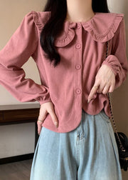 Women Pink Solid Button Corduroy Shirt Long Sleeve