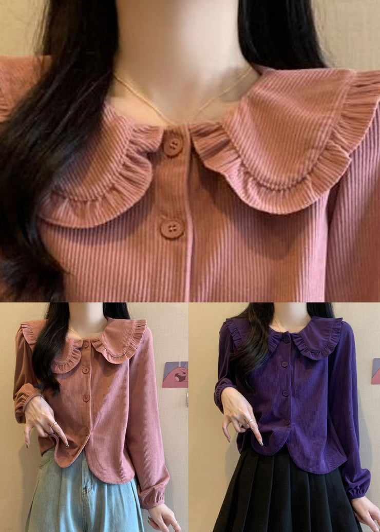 Women Pink Solid Button Corduroy Shirt Long Sleeve